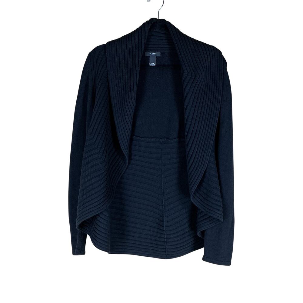 Alfani Cardigan Sweater Women Petite M Black Ribbed Open Front Long Sleeve Work